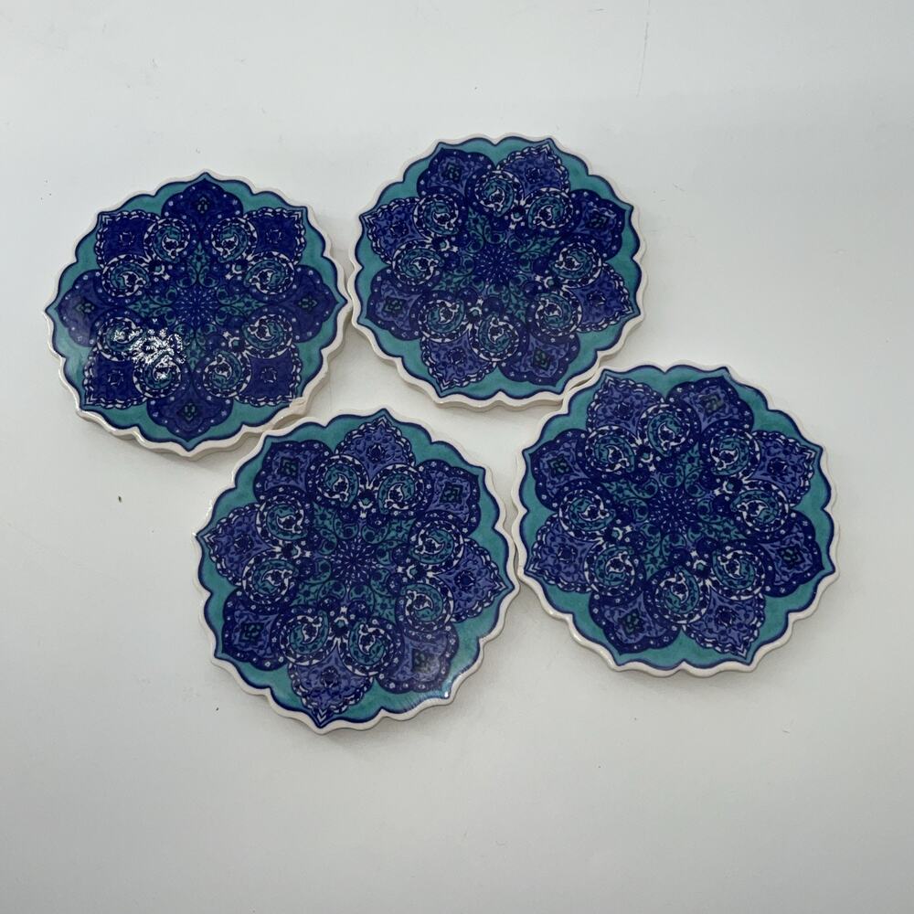 4 Beautiful BLUE Turkish Ceramic Tile Trivet Plate Heat Resistant Made in Turkey